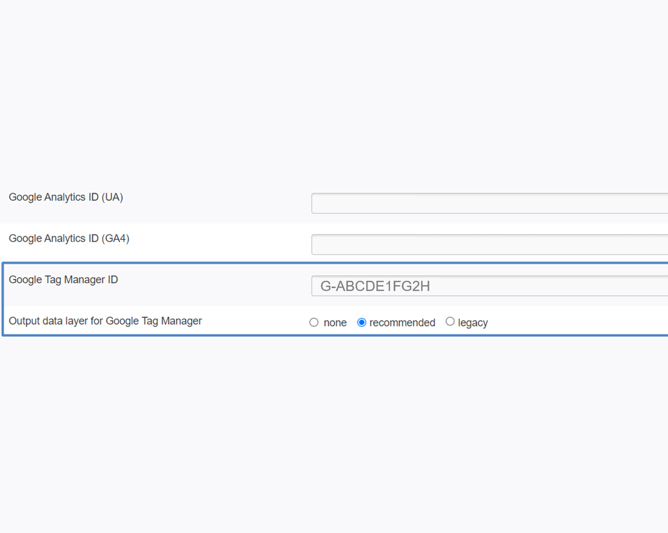 This method will send data from the website via a specific datalayer (configured to Google's recommendations by Iconography) to Google Tag Manager which will then connect with your GA4 property.

Iconography do not recommend this method due to difficulties in configuring Google Tag Manager correctly.

You will need to enter your Google Tag Manager ID in the Site Settings of the CMS. In addition, the datalayer will need to be enabled. The addition of a 'Google Tag Manager ID' field and datalayer toggle is part of the updates we have been actioning for all clients.
